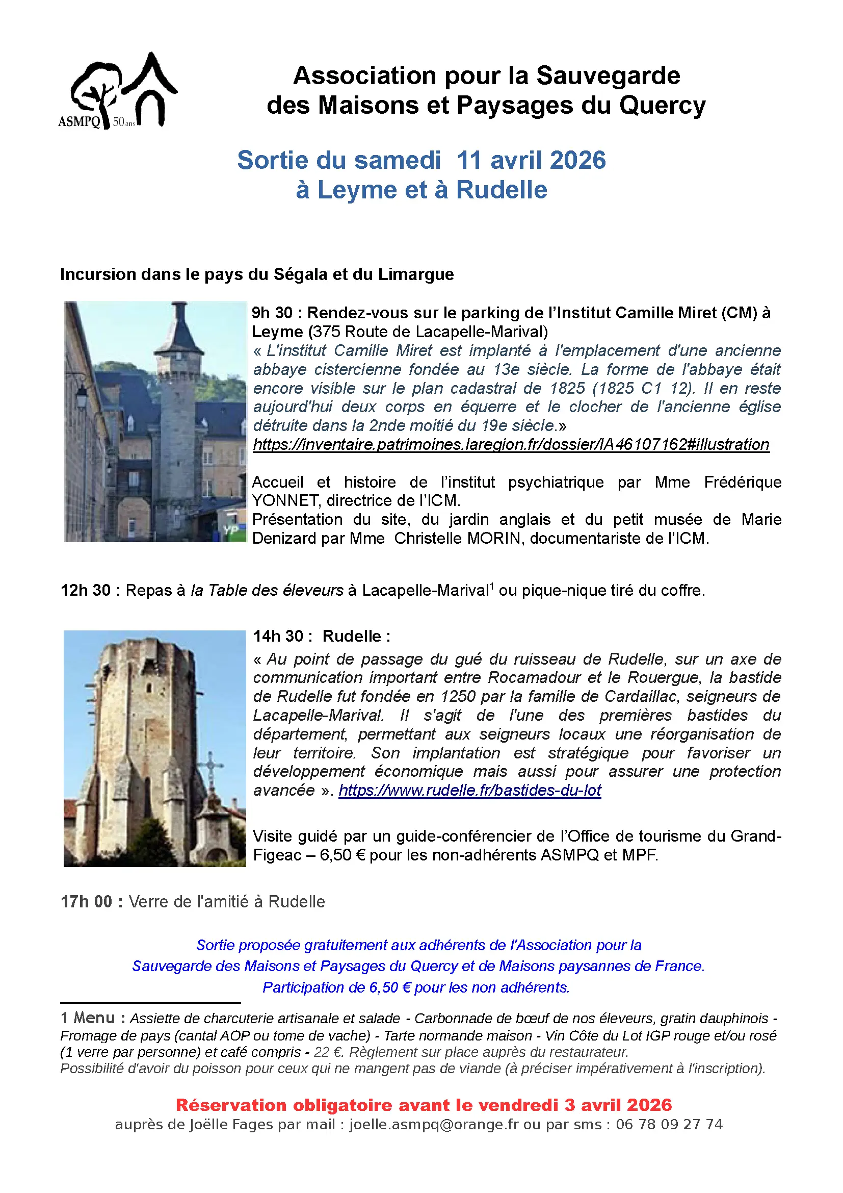 Sortie du samedi 11 avril 2026 à Leyme et à Rudelle