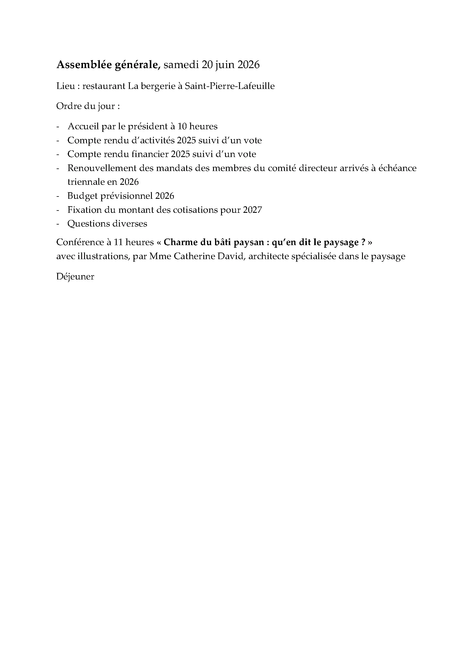 Assemblée générale, samedi 20 juin 2026