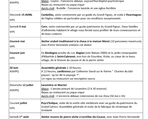 Programme 2026 des visites et activités organisées par l’ASMPQ et MPL