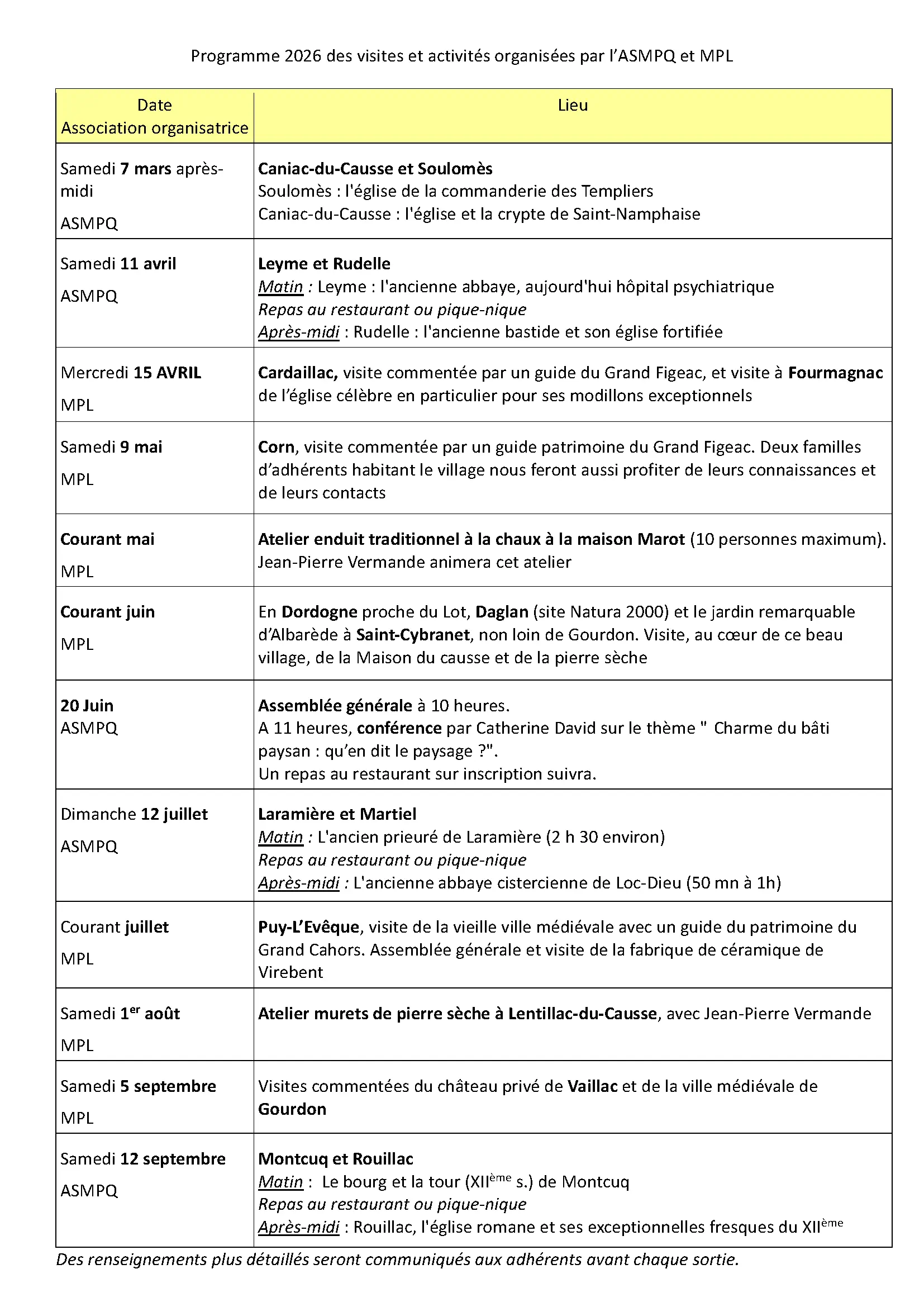 Programme 2026 des visites et activités organisées par l’ASMPQ et MPL